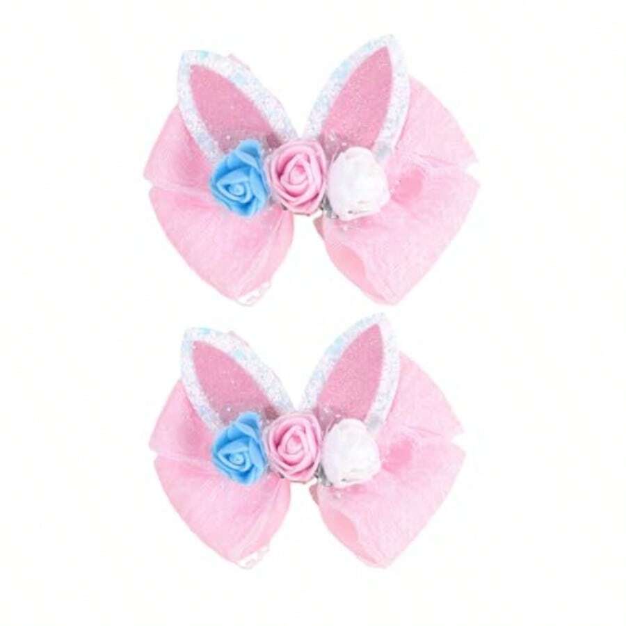 1Pair Easter Bunny Ears Hair Bow Clips For Women Easter Flower Hair Pins Rabbit Hair Accessories Halloween Party Supplies - 粉色 - 查看 1