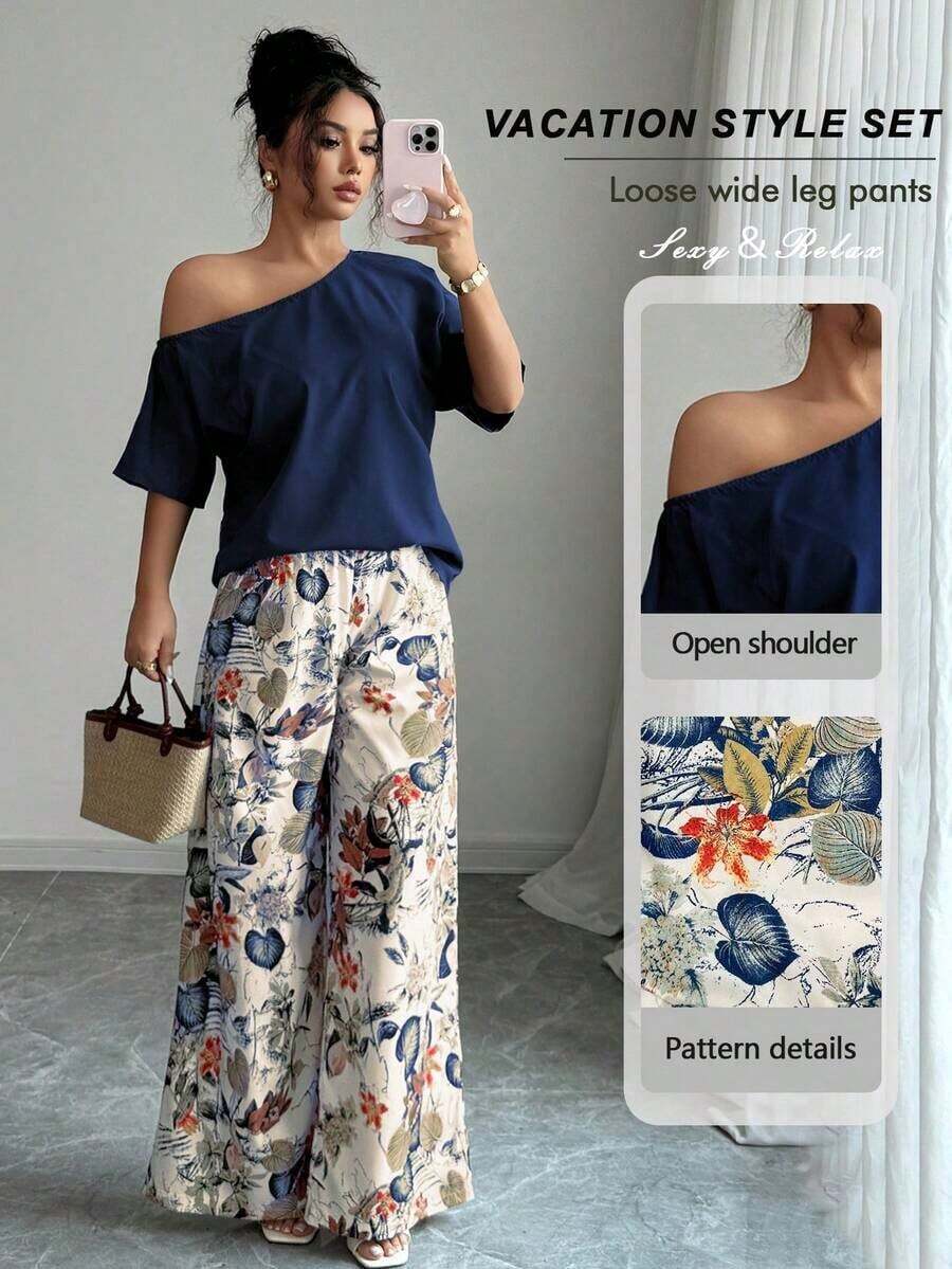 VCAY 2pcs Women Summer Casual Solid Color Asymmetrical Shoulder Top And Floral Print Pants Set - Xanh đậm - Xem 1