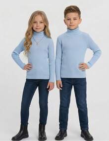 Girls' And Boys' Unisex Long-Sleeved High Neck Ribbed Blouse - Comfortable, Sizes 1 To 8 Years - 淺藍色 - 查看 2