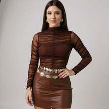 Women's Set: Bodysuit, Tulle Blouse With Long Sleeves, Pleated, Draped, And Gathered, And Short Faux Leather Skirt. Complete Outfit For Parties, Nights Out, Clubs, Country Music, Rodeos, Elegant, Chic, Aesthetic, High Neck, And Sertanejo Performances. - 鏽棕色 - 查看 6