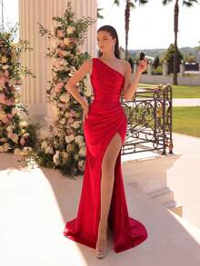 ADYCE Elegant Pleated High Slit Cocktail Party Maxi Dress Wedding Spring - Red - View 1