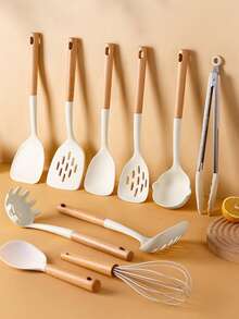 10-In-1 Silicone Kitchen Utensil Set With Wooden Handles, Heat Resistant Up To 300°C, Non-Stick, Suitable For Induction Cooktop, Dishwasher , Includes Spatula, Turner, Ladle, Pasta Server, Rice Paddle, Slotted Spoon, Soup Spoon, And More - Multicolor - View 1