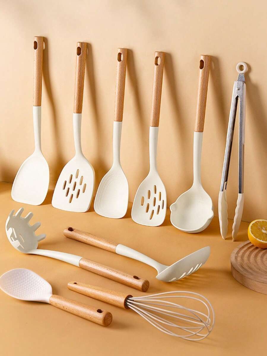 10-In-1 Silicone Kitchen Utensil Set With Wooden Handles, Heat Resistant Up To 300°C, Non-Stick, Suitable For Induction Cooktop, Dishwasher , Includes Spatula, Turner, Ladle, Pasta Server, Rice Paddle, Slotted Spoon, Soup Spoon, And More - Multicolor - View 1