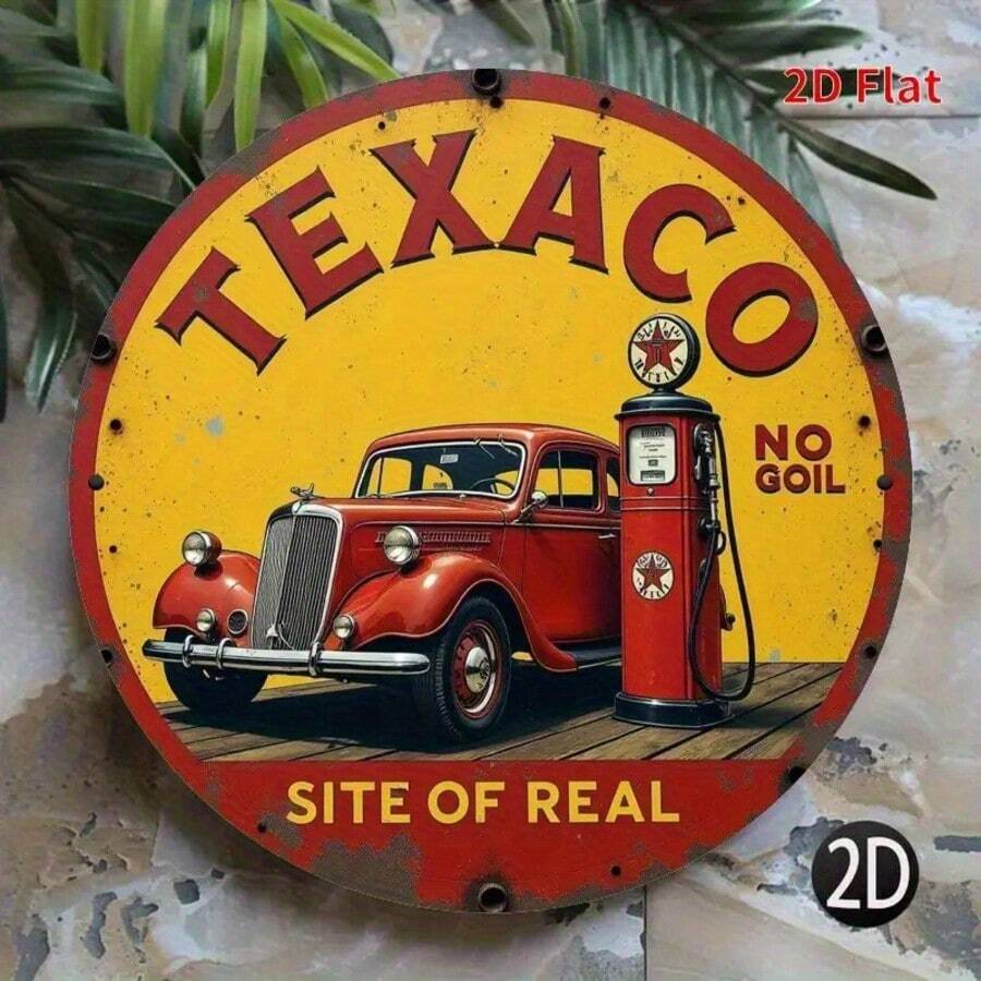 2D Flat, 1 Piece Vintage Texaco Gas Station Sign Wooden Wall Decor - 7.8x7.8 Inch Retro 2D Flat Print With Red Car And Pump Design, Classic American Style, Suitable For Home, Farmhouse, Garage, Bar, Cafe - No Electricity Needed, Easy To Hang, Garage Decor, Nostalgic Design, Durable Decoration, 2D Flat - Multicolor - View 1