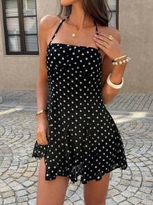 PoPoHouse Elegant Polka Dot Mini Dress, Sexy Backless Ruched Bust Ruffle Hem Dress, Suitable For Casual, Date, Summer Beach, Holiday Party, Black Polka Dot Dress Vacation - Black - View 8