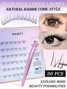 36pcs Glue-Free Transparent Eyelash Extension Kit Suitable For Beginners, Includes Tweezers, Natural Wispy Individual Cluster Lashes, Air Wispy Segmented Natural Lashes, Cartoon Bottom Lashes, Makeup Tools, False Eyelashes, Lash Clusters, Individual False Lashes - Black - View 2