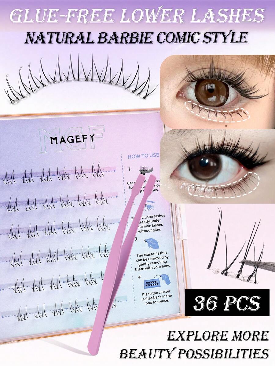 36pcs Glue-Free Transparent Eyelash Extension Kit Suitable For Beginners, Includes Tweezers, Natural Wispy Individual Cluster Lashes, Air Wispy Segmented Natural Lashes, Cartoon Bottom Lashes, Makeup Tools, False Eyelashes, Lash Clusters, Individual False Lashes