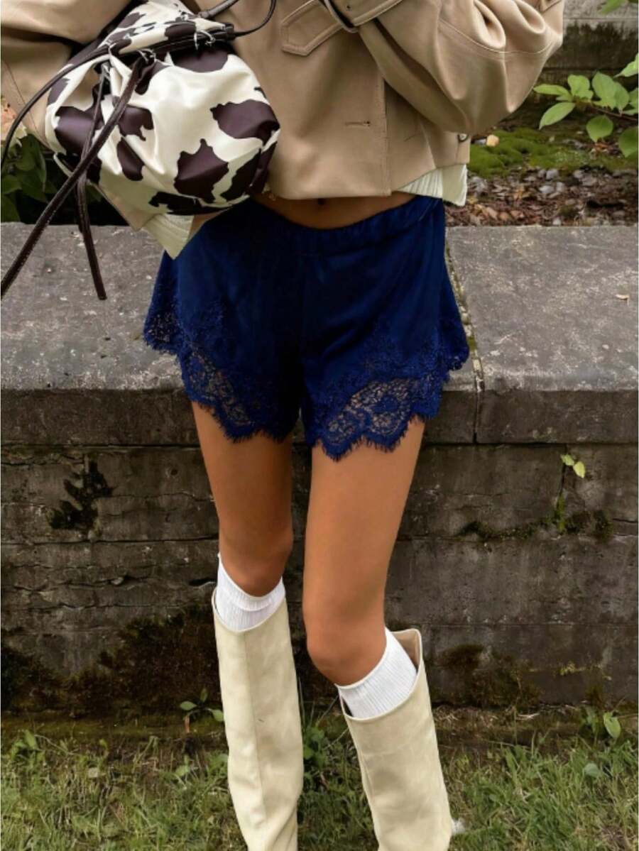 Boho Women's Lace Trim Satin Silk Shorts Shiny Elastic Waist Mini Shorts Pettipants Half Slip Shorts French Knickers Boyshorts For Dresses Full Coverage Underwear Lounge Pants - 寶藍色 - 查看 1