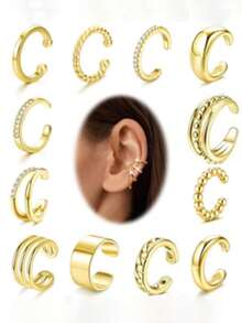 9pcs/21pcs Set Minimalist Elegant Wide Double-Layer Crystal Ear Clips, Suitable For Date, Vacation, Daily Wear, Party, Anniversary Gift For Women - Yellow Gold - View 2