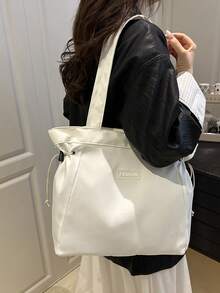 Fashionable Versatile Solid Color New Tote Bag, Casual Minimalist Textured Solid Color Drawstring One Shoulder Large Bag - White - View 3