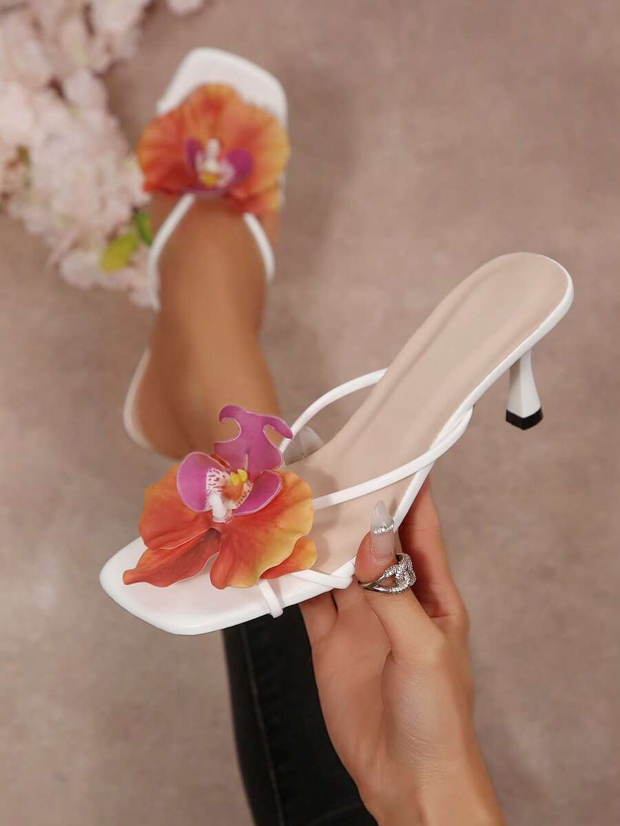 歐美新款花卉裝飾高跟涼鞋，適合海灘、約會、通勤、宴會、派對，小貓跟、夾腳拖、夏季涼鞋