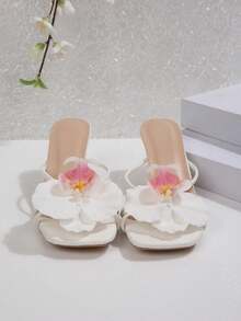 法式花卉单带高跟凉鞋，简约小众修身款，适合夏季约会、购物和派对等场合 - 白色 - 查看 4