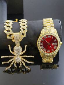1 Conjunto Novo Produto Hip Hop Pingente Personalizado de Buldogue Colar Corrente Cubana de Diamante Pulseira Relógio Vermelho Masculino Conjunto Acessórios Masculinos Personalizados e Modernos - Vermelho - Visão 15
