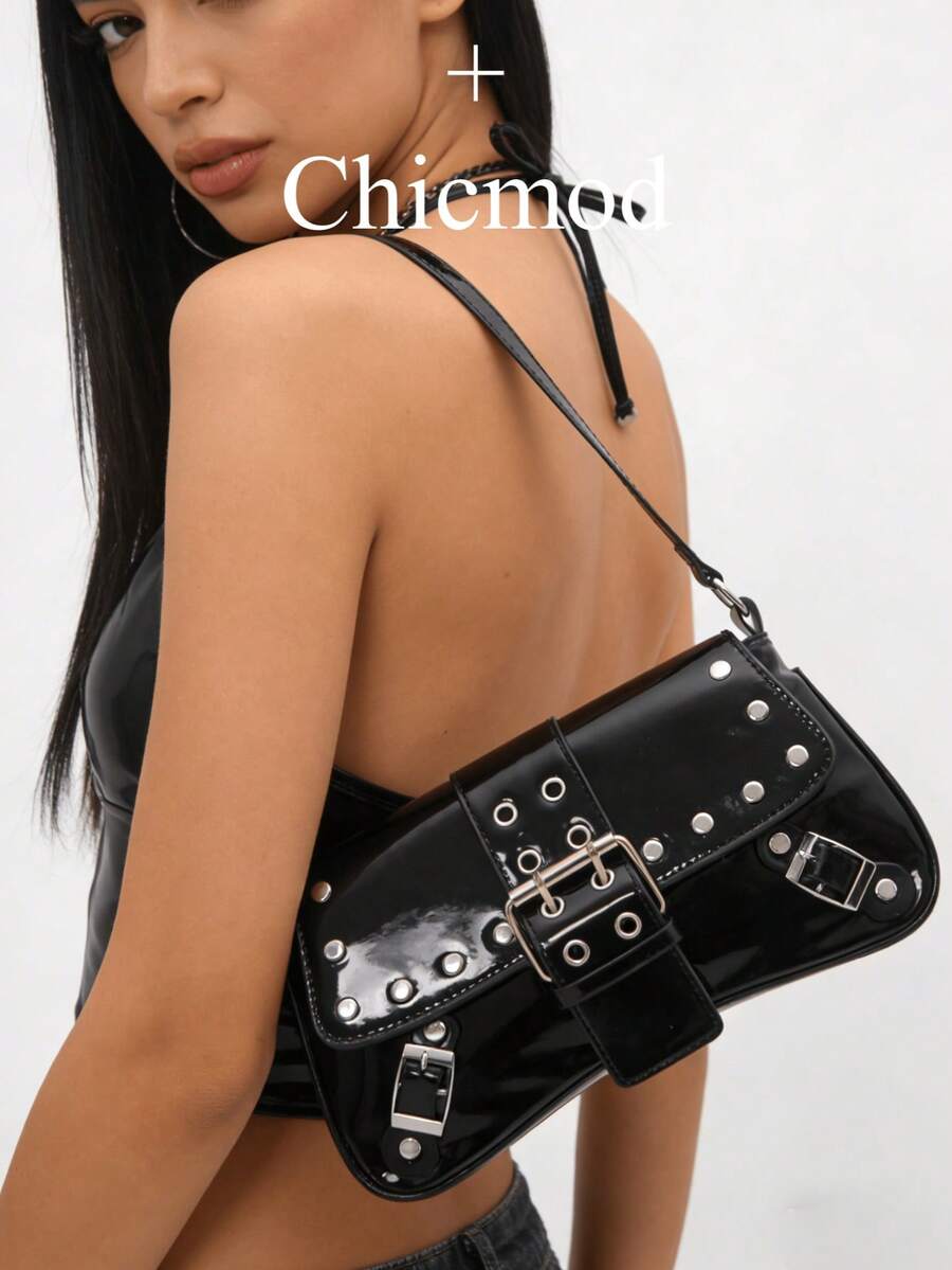 1pc Women's Retro Maillard Moto Punk Rivet Decor Adjustable Shoulder Strap Large Capacity Soft Faux Oiled Leather Gradient Color Shoulder Underarm Bag, Suitable For Work, Commute, Date, Party