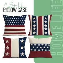 4pcs Independence Day Red & White Striped Star Pattern 4-Piece Set, Single-Sided Printed Throw Pillow Covers, Suitable For Living Room Sofa Bedroom, Pillow Inserts Not Included - Multicolor - View 2
