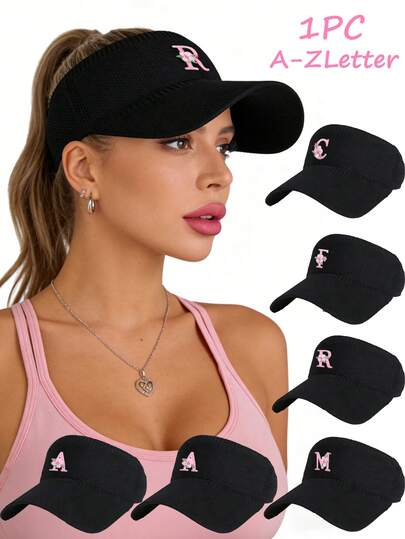 1pc Lightweight Visor Cap With 26 Floral Letters- Breathable & Stretchy Polyester, UV Protection, Textured Knit Design With Curved Brim For Running & Outdoor Activities, Hand-Washable, Sun Protection Cap|Textured Knit Cap|Breathable Mesh Visor