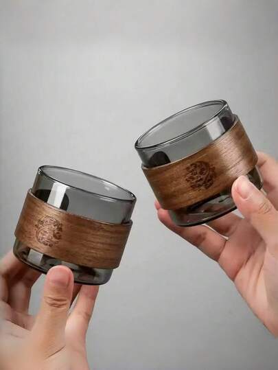 1 كوب شاي زجاجي شخصي، كوب قهوة زجاجي، كوب خشب الجوز الياباني، أداة قهوة شفافة جميلة، كوب شاي فاخر، أداة زجاجية رمادية دخانية سعة 150 مل، كوب شاي زجاجي ذو مقبض خشبي ملون عالي البورسليكات