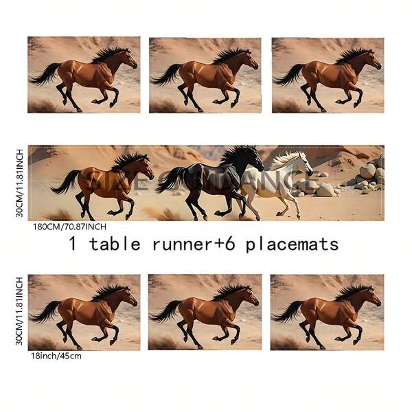 1/4/6/8/12 مجموعة، بطانات طاولة من الكتان بطبعة الحصان، بطانات طاولة مطبوعة قابلة للغسيل، وسادات حماية السطح، بطانات طاولة للاستخدام الداخلي والخارجي، طباعة جرافيك واضحة وحيوية، مناسبة لتجمعات العائلة والحفلات العطلات، ديكور المطبخ والمعيشة ومدخل المنزل