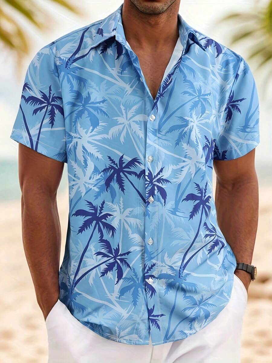 Palm Tree Pattern Symbolizing Freedom Ocean Breeze And Tropical Relaxation 3D Printed Casual Button Down Short Sleeve Beach Shirt For Men - White - View 1
