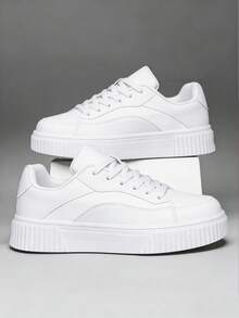 Thick Sole Lace-Up Casual Sneakers, Street Style - White - View 2