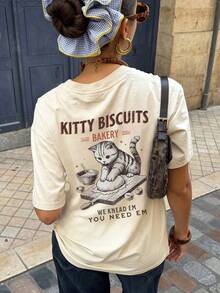 Summer New Casual Funny Cat Kneading Dough Print Loose Round Neck Short Sleeve T-Shirt, Fashionable And Versatile Women Top - Apricot - View 5