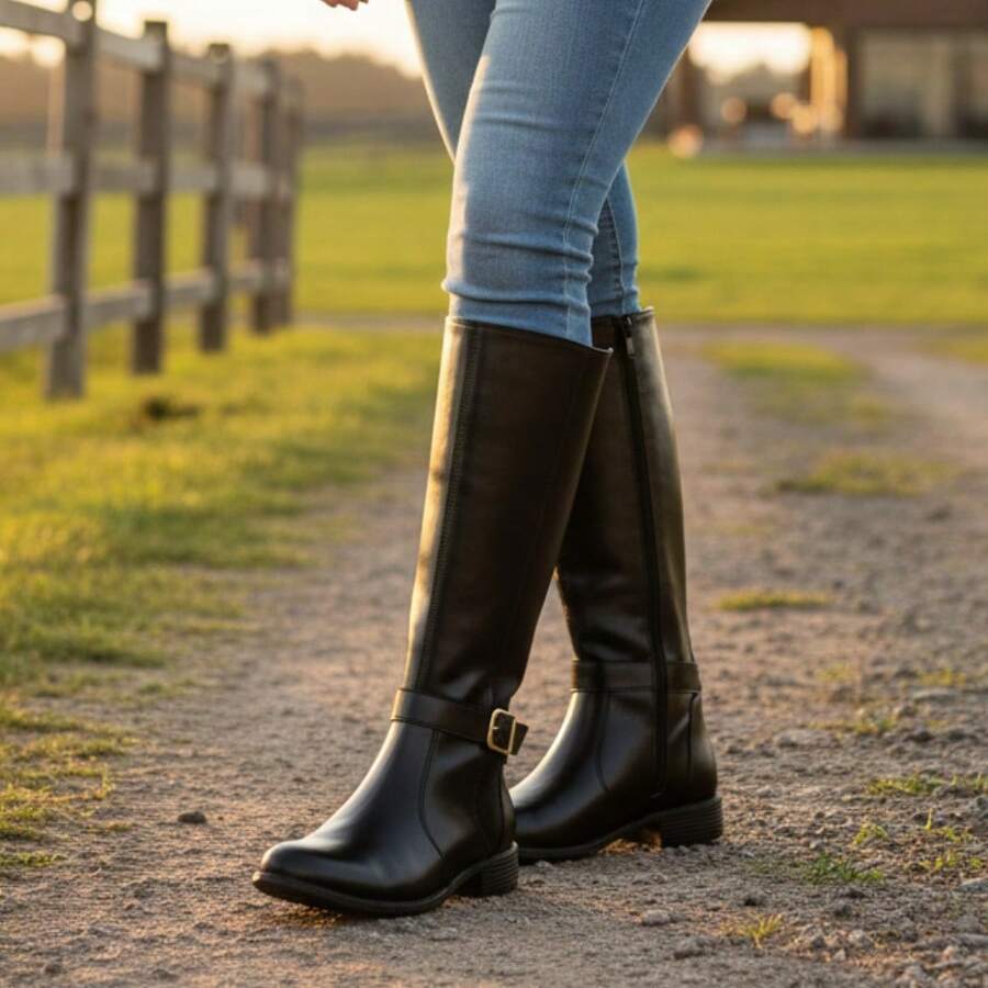 Women's Riding Boots, Long Shaft, Thick Heel, Comfort, Elegant, Round Toe, Synthetic Ref.C223 - 黑色 - 查看 1