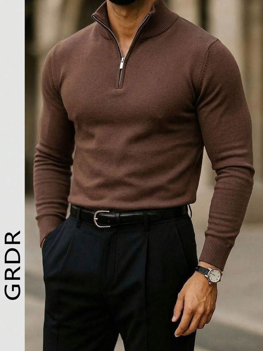 GRDR 男士休闲长袖半拉链套头毛衣，日常百搭