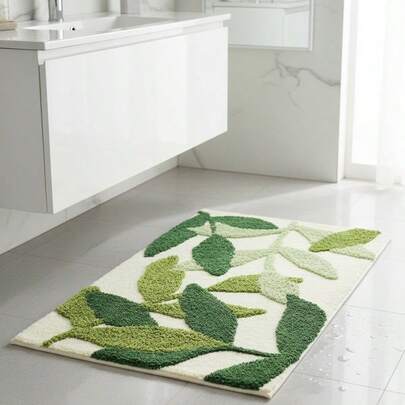 1件装叶子图案加厚绒毛浴室垫，绿色植物高低绒毛浴室垫，防滑吸水浴室地毯，适用于浴室、卧室和家居圣诞装饰