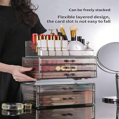 1 Set Caja de almacenamiento de maquillaje y cuidado de la piel con estilo de cajón transparente, organizador de escritorio de gran capacidad para cosméticos, máscaras, joyas, lápiz labial, cojín, sombra de ojos, versión mejorada