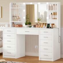Large Vanity Desk With Mirror And Lights, Makeup Vanity With 11 Drawers & 6 Open Shelves, 3 Lighting Modes, Brightness Adjustable, Vanity For Girls, White - Xem 10
