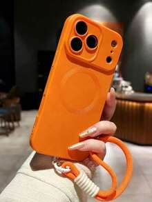 Fashion Magnetic Matte Phone Case With Wrist Strap For IPhone 17 Pro Max 17Pro 17 Air 17 16 15 14 Plus 13 12 11 Pro Max Glass Lens Wireless Charging Protective Cover - Orange + Rope - View 3