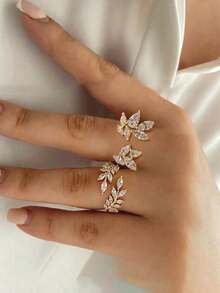 Set de 2 anillos abiertos con forma de hoja con diamantes de circonita cúbica de lujo, adecuados para uso diario y ocasiones de boda de las mujeres - Plateado - Ver 14