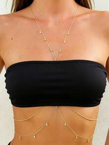 1pc Sexy Gold Bikini Body Chain, Fashionable Rhinestone Chest Chain For Women, Suitable For Beach Vacation - Gold - View 1