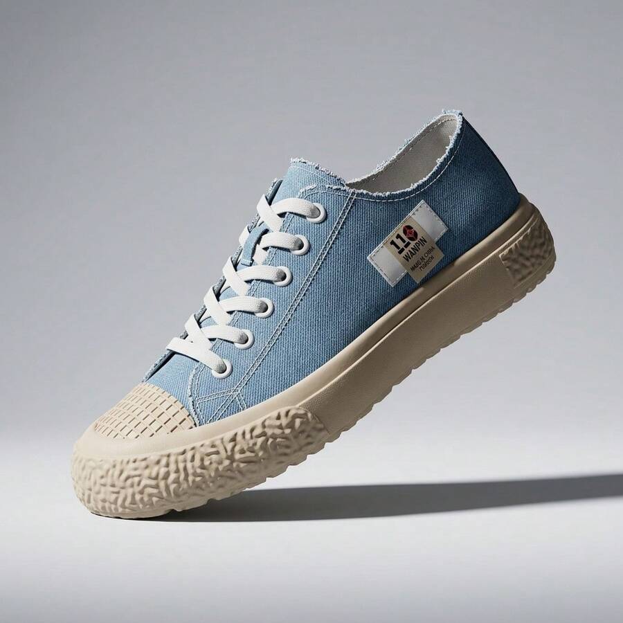 Tenis de mujer casuales con suela gruesa y plataforma, zapatos para mujer de lona transpirable y resistente. Tenis de mujer con ajuste de cordones frontales y detalle de bordes deshilachados estilo vintage. Calzado deportivo cómodo, ligero y suave con suela antideslizante y excelente amortiguación. Diseño urbano de moda juvenil ideal para caminar con máximo confort, calzado ergonómico y versátil para uso diario. - Azul - Ver 1