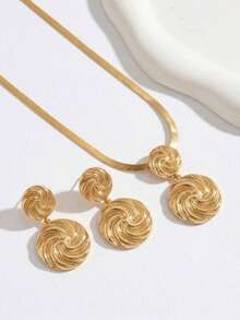 2pcs/Set New Creative Geometric Spiral Pattern Round Metal Gold Fashionable Elegant Pendant Necklace + Earrings, Suitable For European And American Daily Fashion, Commuting And Other Occasions - Yellow Gold - View 4