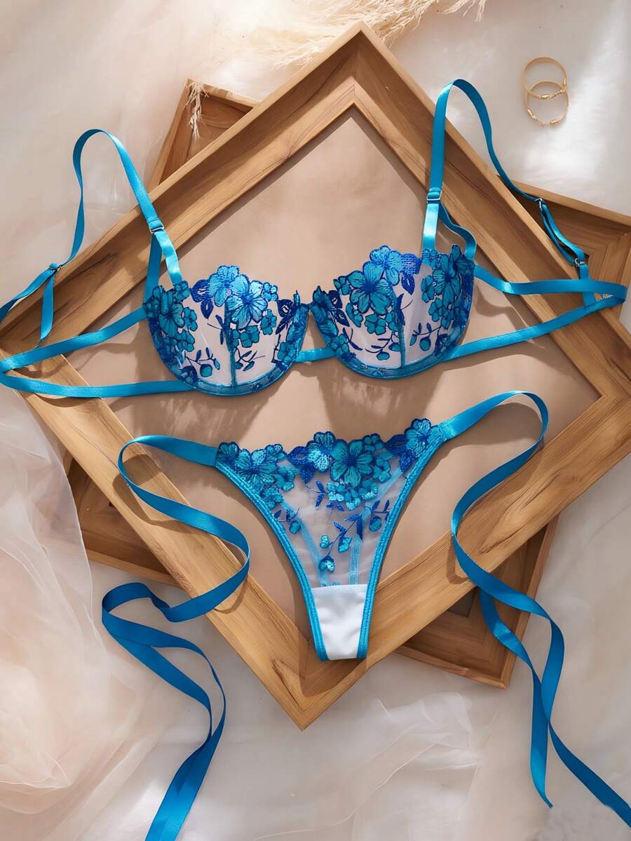 Blue Romantic French Embroidered Lace-Up Sexy Women's 2-Piece Lingerie Set (Including Tie-Up Thong), Perfect Gift For Your Lover - Blue - View 1