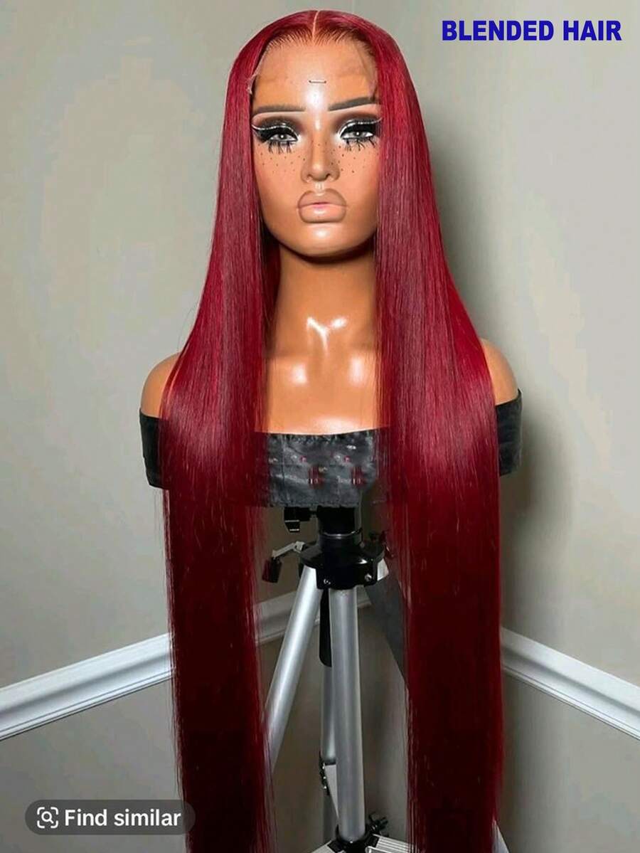 Tóc giả thẳng 28 inch 13x4 độ nét cao, 100% tóc trinh nữ Brazil, mật độ 200%, sợi không cần keo dán, dành cho nữ #BUG Màu đỏ rượu vang 99j Tóc dài từ tai đến tai, ren phía trước, đường chân tóc tự nhiên đã được tỉa sẵn, thích hợp sử dụng hàng ngày - Lỗi - Xem 1