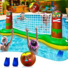 Large Inflatable Luau Tiki Pool Games Volleyball Net Pool Float Set with 9" Beach Ball Floating Swimming Water Sports Game Toy for Adults Summer Luau Tropical Hawaiian Party Supplies - Tiki - Ver 1