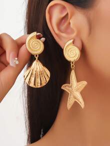 一对金属金色海星贝壳设计耳环，女士个性化优雅耳环 - 海星貝殼耳環 - 查看 1