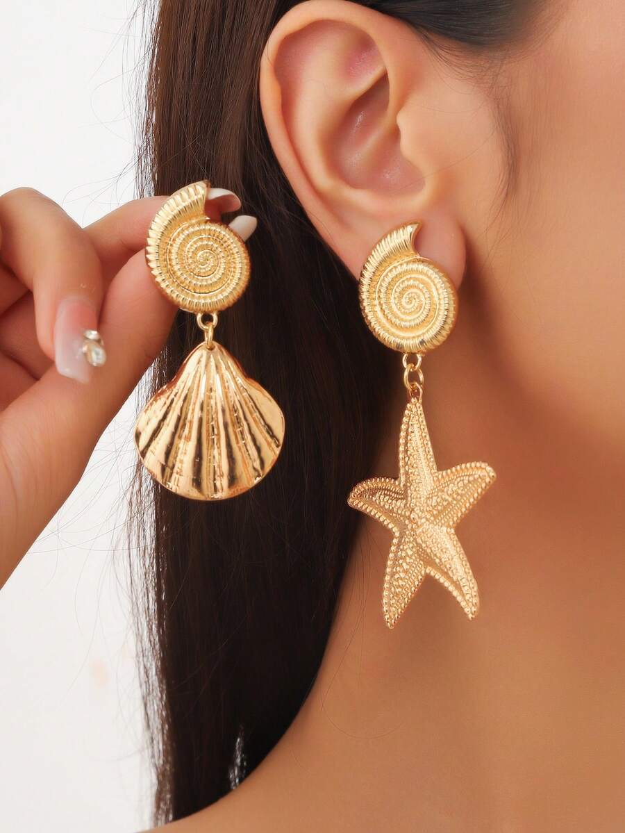 一对金属金色海星贝壳设计耳环，女士个性化优雅耳环 - 海星貝殼耳環 - 查看 1