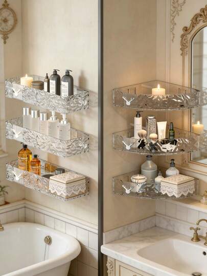 No Drill Triangle Storage Rack, Bathroom Kitchen Corner Organizer Basket