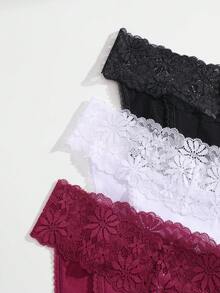 FINETOO 3件套女士休闲舒适简约浪漫法式面料纯色蕾丝拼接高腰内裤 - 彩色 - 查看 3