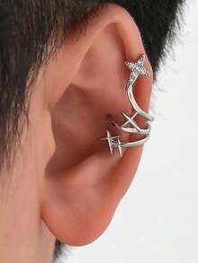 Fashionable And Popular 1pc Men Rhinestone Star Decor Ear Cuff Copper For Jewelry Gift And For A Stylish Look - Silver - View 2