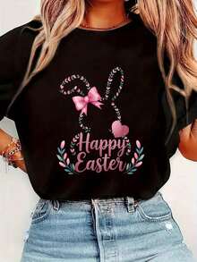 playeras de mujer, Feliz Día de Pascua Huevos de Conejito Lindo Camiseta de Feliz Día de Pascua con Conejito - Negro - Ver 1
