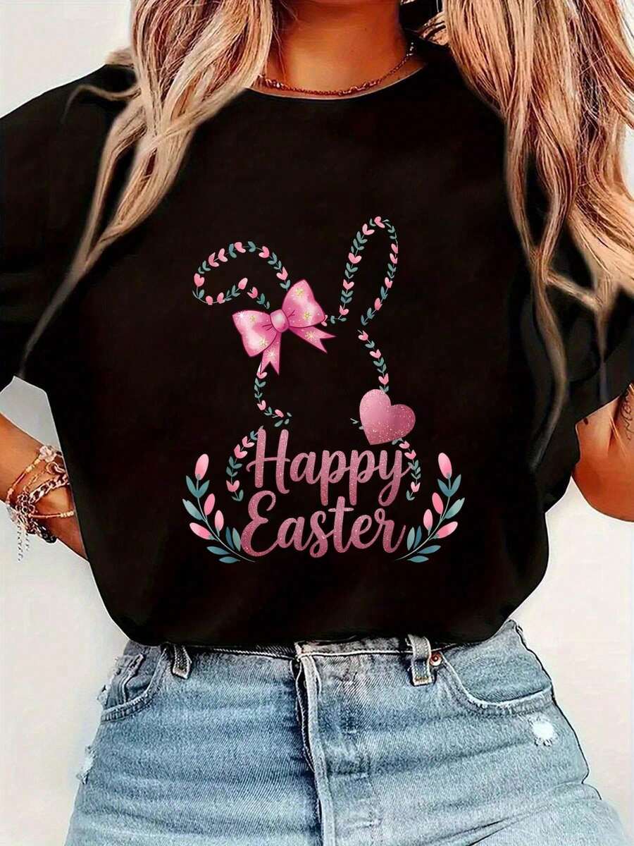 playeras de mujer, Feliz Día de Pascua Huevos de Conejito Lindo Camiseta de Feliz Día de Pascua con Conejito - Negro - Ver 1