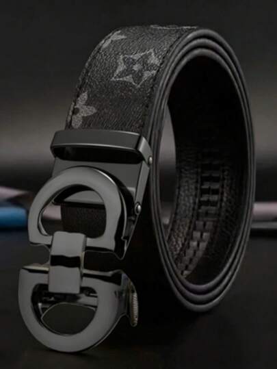 Men's Gold Double Ring Buckle Ratchet Belt - Black Monogram Print Adjustable Slide Waistband
