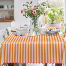 Scalloped Edge Orange Pink Striped Tablecloth Waterproof Linen Tablecloth Rectangle Table Cover for Home Kitchen Table Decoration 55 x 70 Inch - Naranja Rosa - Ver 6
