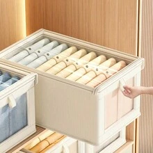 1/2pcs Covered Fabric Foldable Transparent Window Clothing Storage Box, Drawer Style Jeans Organizer Box For Home - Beige With Lid - View 5