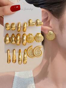 6-18件/套 女士时尚心形、水滴形、C形、贝壳形、海螺形耳钉套装，适合日常佩戴，节日礼物 - 金色 - 查看 2