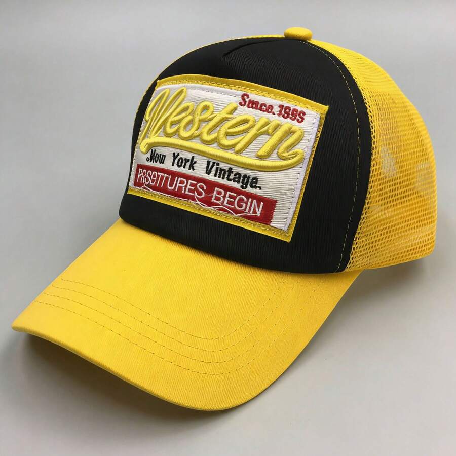 1pc Unisex Embroidered Baseball Cap, Mesh Breathable Snapback Hat, Dad Hat, Casual Sun Protection Cap For Outdoor Activities, Fishing, Hiking, Cycling, Matching Leisure Outfits - 黃色 - 查看 1